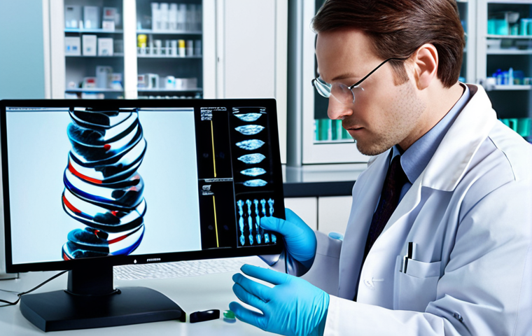 ** Genetic analysis in a lab setting. Focus on modern equipment, scientists in lab coats examining DNA sequences. Possibly include a visual representation of a gene or chromosome. The image should convey a sense of scientific advancement and precision.
**