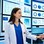 A diverse team of professional healthcare researchers and data scientists, dressed in modest, professional attire, fully clothed. They are standing in a sleek, futuristic medical research laboratory with large, transparent digital displays showing complex genomic data, intricate molecular structures, and integrated patient health records. The room is brightly lit with ambient blue and white light. They are engaged in a collaborative discussion, pointing at the interactive data, emphasizing data integration and precision medicine. Professional photography, high-resolution, sharp focus, natural pose, perfect anatomy, correct proportions, well-formed hands, proper finger count, natural body proportions, safe for work, appropriate content, fully clothed, professional, modest, family-friendly.