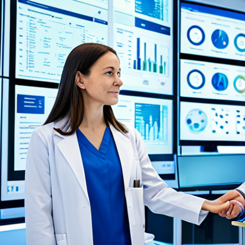 Home 6 A diverse team of professional healthcare researchers and data scientists, dressed in modest, professional attire, fully clothed. They are standing in a sleek, futuristic medical research laboratory with large, transparent digital displays showing complex genomic data, intricate molecular structures, and integrated patient health records. The room is brightly lit with ambient blue and white light. They are engaged in a collaborative discussion, pointing at the interactive data, emphasizing data integration and precision medicine. Professional photography, high-resolution, sharp focus, natural pose, perfect anatomy, correct proportions, well-formed hands, proper finger count, natural body proportions, safe for work, appropriate content, fully clothed, professional, modest, family-friendly.