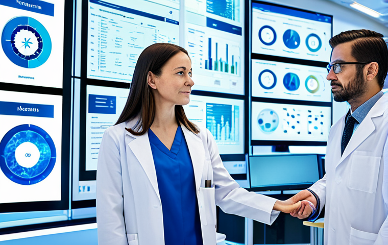A diverse team of professional healthcare researchers and data scientists, dressed in modest, professional attire, fully clothed. They are standing in a sleek, futuristic medical research laboratory with large, transparent digital displays showing complex genomic data, intricate molecular structures, and integrated patient health records. The room is brightly lit with ambient blue and white light. They are engaged in a collaborative discussion, pointing at the interactive data, emphasizing data integration and precision medicine. Professional photography, high-resolution, sharp focus, natural pose, perfect anatomy, correct proportions, well-formed hands, proper finger count, natural body proportions, safe for work, appropriate content, fully clothed, professional, modest, family-friendly.