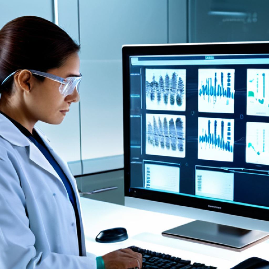 정밀 의학의 진단적 활용 사례 - **Subject:** A doctor in a modern lab, examining a DNA sequence on a holographic display. **Clothing...