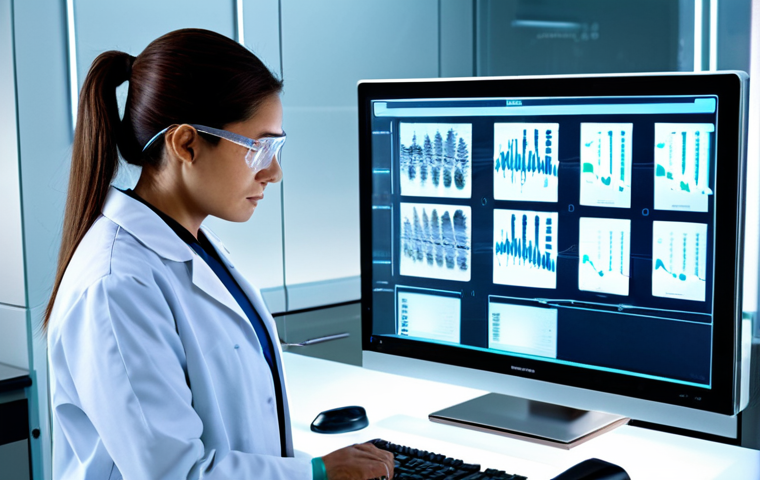 정밀 의학의 진단적 활용 사례 - **Subject:** A doctor in a modern lab, examining a DNA sequence on a holographic display. **Clothing...