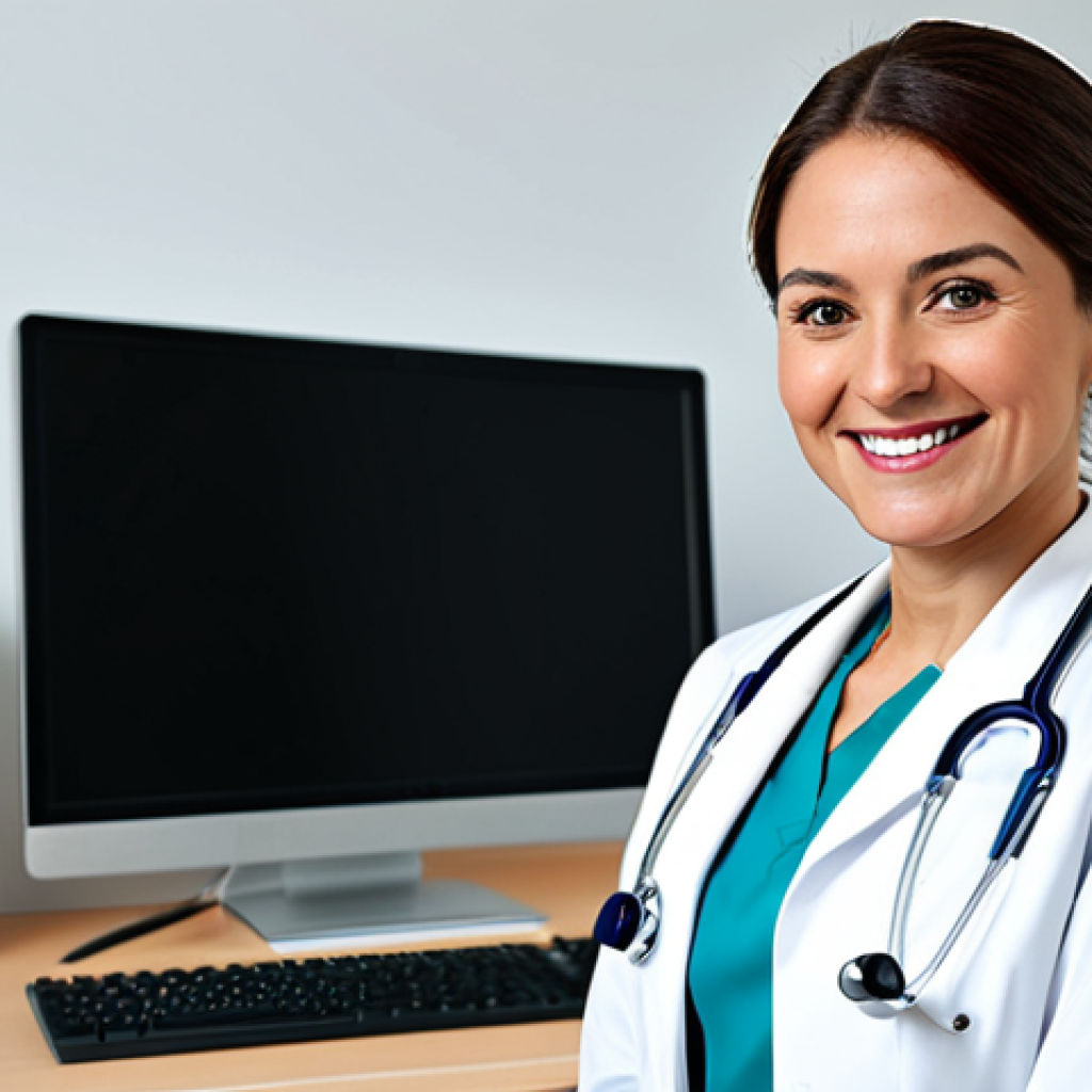 정밀 의학에서의 데이터 마이닝 기술 - **Subject:** A professional female doctor, fully clothed in a modest white coat and stethoscope, smi...