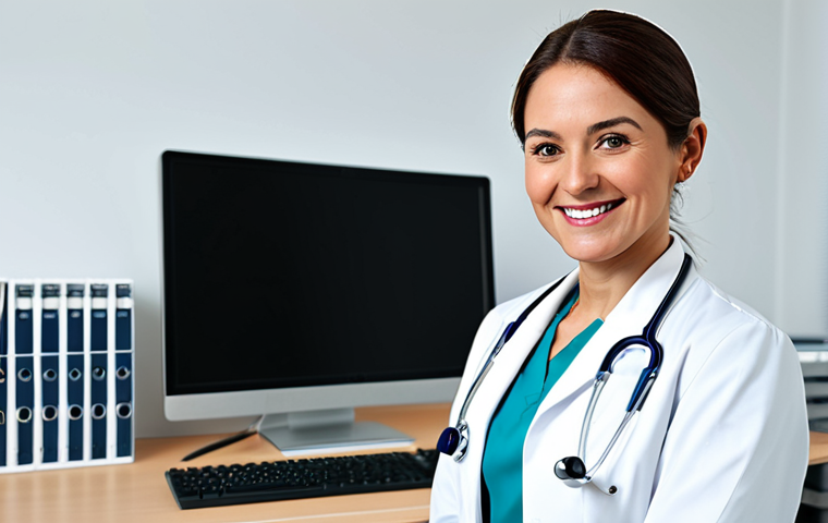 정밀 의학에서의 데이터 마이닝 기술 - **Subject:** A professional female doctor, fully clothed in a modest white coat and stethoscope, smi...