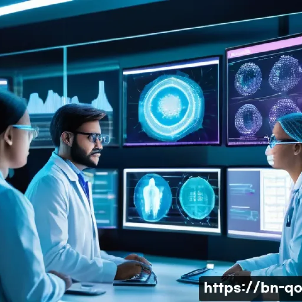 정밀 의학을 위한 협업적 연구 방법 - A highly detailed futuristic medical laboratory scene showcasing bioinformatics experts analyzing ge...