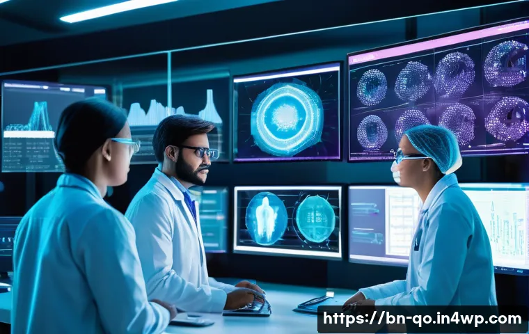 정밀 의학을 위한 협업적 연구 방법 - A highly detailed futuristic medical laboratory scene showcasing bioinformatics experts analyzing ge...