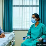Home 22 정밀 의학의 경제적 영향 - A modern hospital room scene showcasing a middle-aged Bengali patient receiving high-quality medical...