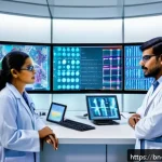 Home 20 정밀 의학의 치료 접근법 비교 - A detailed scientific illustration of precision medicine focusing on genomic sequencing: a modern la...