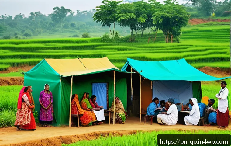 정밀 의학의 의료 서비스 접근성 향상 방안 - A vibrant scene of a rural mobile health clinic in Bangladesh, featuring healthcare workers in tradi...